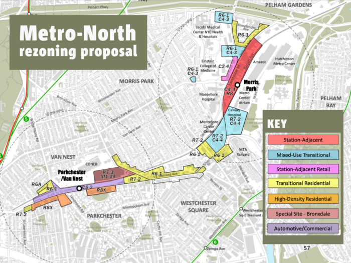 The Metro-North rezoning proposal focuses on the areas around the new Morris Park and Parkchester/Van Nest stations.