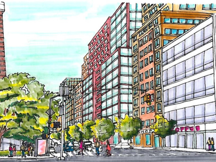 A rendering of the rezoning proposal looking north along Eastchester Road outside the site of the new Morris Part Metro-North station. 