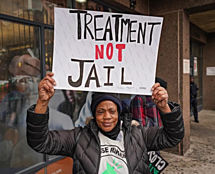 Mayor Eric Adams faced a coalition of demonstrators, including advocates for closing Rikers Island, in the Bronx during his State of the City Address on Wednesday, Jan. 24, 2024.