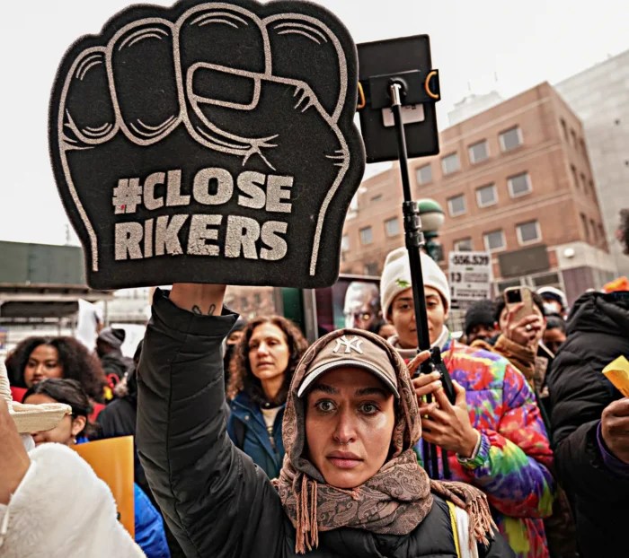 Mayor Eric Adams faced a coalition of demonstrators, including advocates for closing Rikers Island, in the Bronx during his State of the City Address on Wednesday, Jan. 24, 2024.