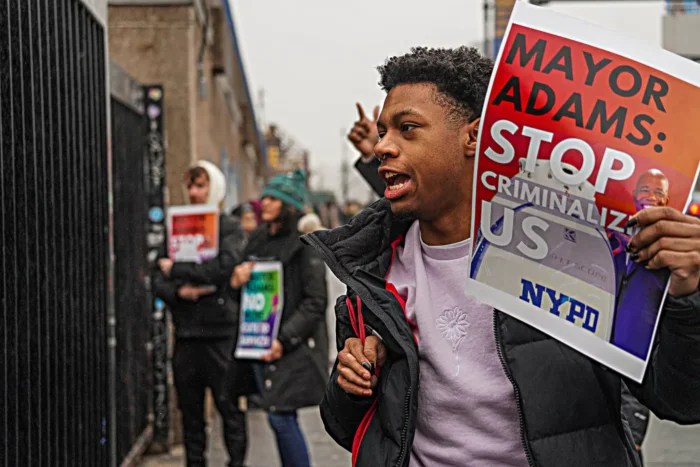 Mayor Eric Adams faced a coalition of demonstrators as his motorcade pulled up in the Bronx for his State of the City Address on Wednesday.