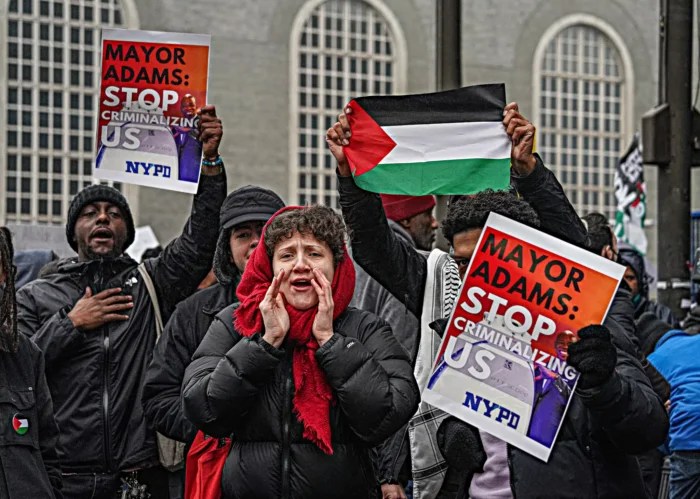 Mayor Eric Adams faced a coalition of demonstrators, including people frustrated with the NYPD and the Israeli government, in the Bronx during his State of the City Address on Wednesday, Jan. 24, 2024.