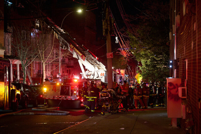 More than 130 firefighters fill Summit Avenue in Highbridge while responding to a fire on Tuesday, Jan. 2, 2024.
