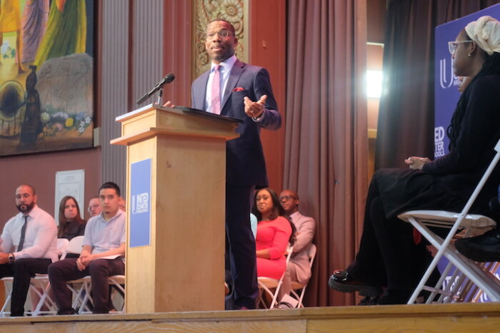 United Charter High Schools Executive Director Curtis Palmore gives a speech at the celebration on Monday, Jan. 29.