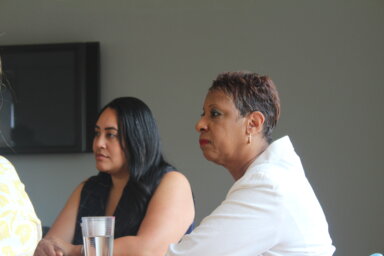 Council Speaker Adrienne Adams, right, appointed Bronx Council Member Amanda Farías, left, as the body's new majority leader on Jan. 3, 2024. Pictured, the pair visit the Ghetto Film School in Mott Haven on Monday, Aug. 21, 2023.