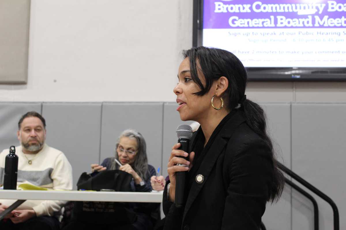 City Council Member Pierina Sanchez speaks during Bronx CB7's full meeting on Tuesday, Jan. 23, 2024 at Monroe College.