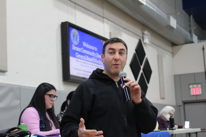 City Council Member Eric Dinowitz speaks during Bronx CB7's full meeting on Tuesday, Jan. 23, 2024 at Monroe College.