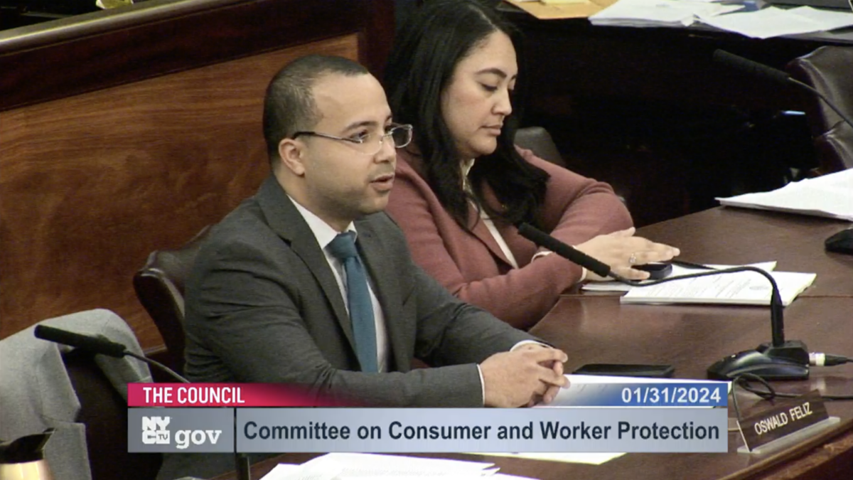 Bronx Council Member Oswald Feliz speaks at the Committee on Consumer and Worker Protection hearing at City Hall on Wednesday, Jan. 31, 2024.