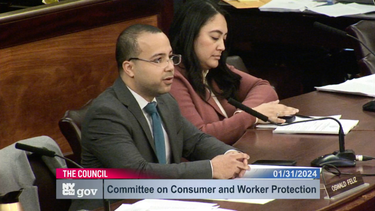 Bronx Council Member Oswald Feliz speaks at the Committee on Consumer and Worker Protection hearing at City Hall on Wednesday, Jan. 31, 2024.