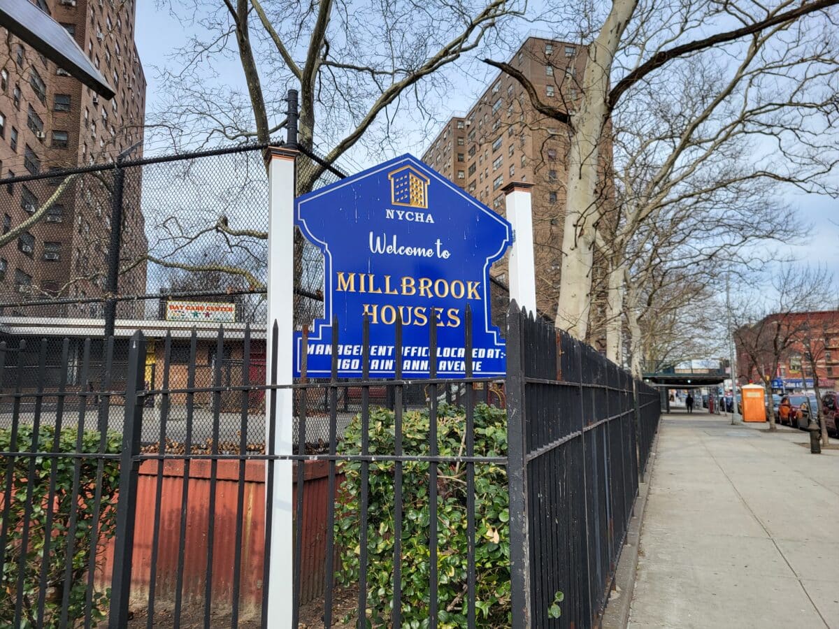 Sign in front of the NYCHA Millbrook Houses in the South Bronx