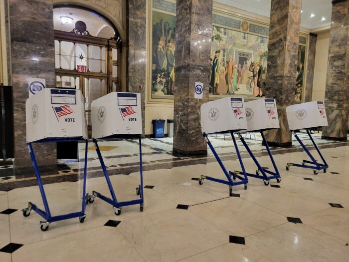 Bronx voting booths are empty on Tuesday, Feb. 13, 2024.
