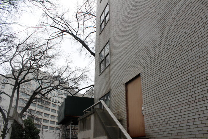 Rain hits the back steps of 1900 Seminole Ave., the site of the proposed Just Home project, on the NYC Health + Hospitals Jacobi campus on Friday, Feb. 2, 2024.