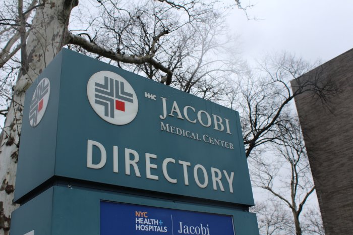 A sign directs people through the NYC Health + Hospitals Jacobi campus on Friday, Feb. 2, 2024.