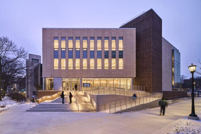Windows in the Lehman School of Nursing glow warmly. The new nursing center was an endeavor that took nearly eight years to complete since the idea's conception.