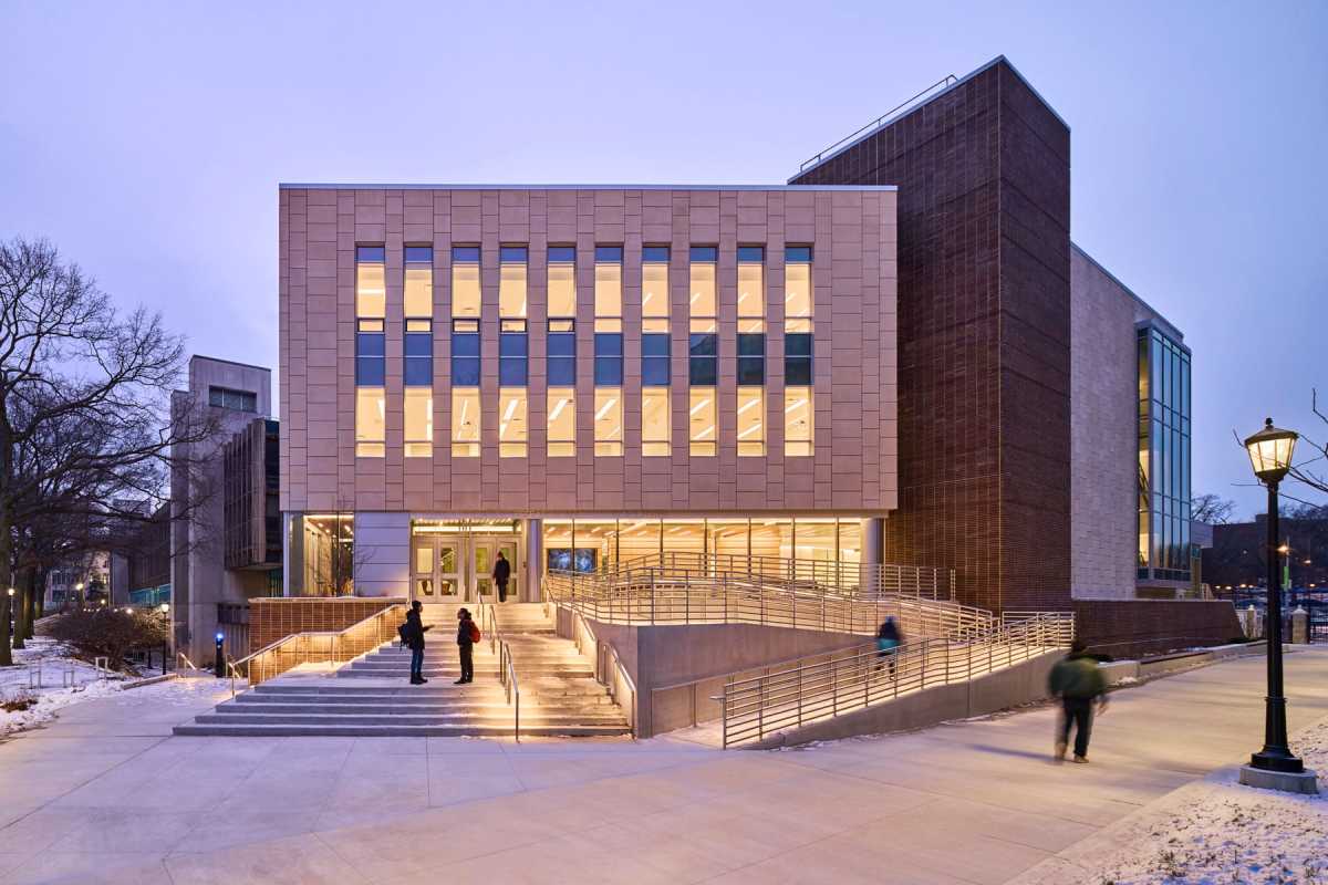 Windows in the Lehman School of Nursing glow warmly. The new nursing center was an endeavor that took nearly eight years to complete since the idea's conception.
