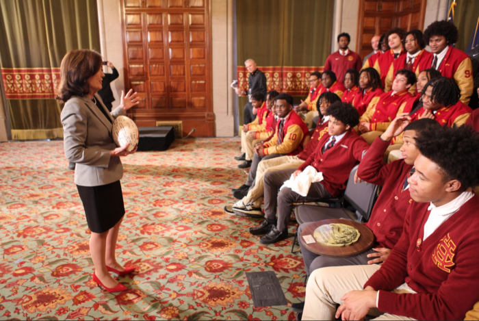 Governor Kathy Hochul speaks to the Cardinal Hayes football in Albany on Jan. 30, 2024.