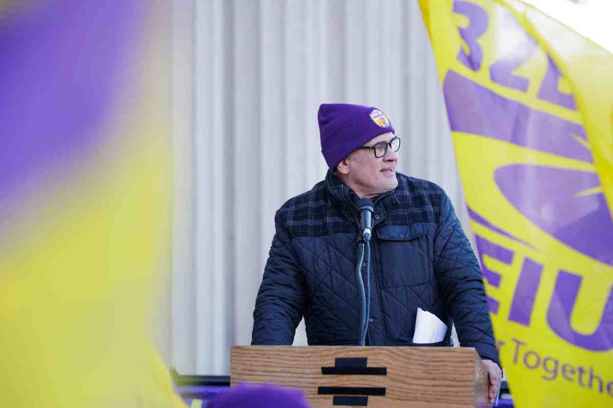 John Santos, secretary treasurer of the 32BJ union, speaks during a strike authorization vote rally outside Bronx Supreme Court on Thursday, March 21, 2024.