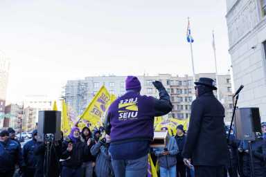 32BJ members gather during a strike authorization vote rally outside Bronx Supreme Court on Thursday, March 21, 2024.