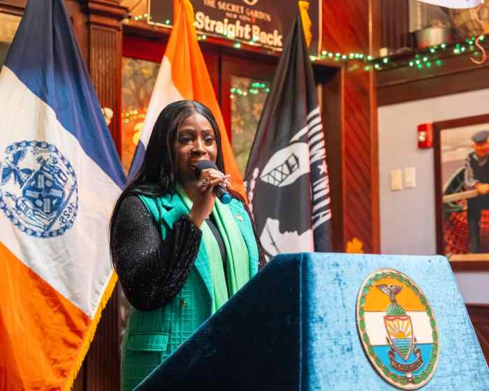 Bronx Borough President Vanessa L. Gibson speaks at the event in honor of Irish Heritage Month.