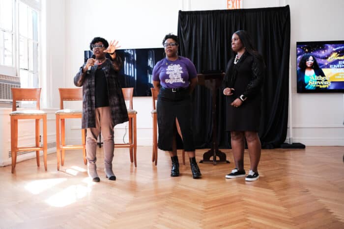 From left to right: Bronx District Attorney Darcel Clark, Council Member Althea Steves, and Borough President Vanessa Gibson speak as successful Black women during the Black Girl Magic event in the South Bronx on March 16, 2024.