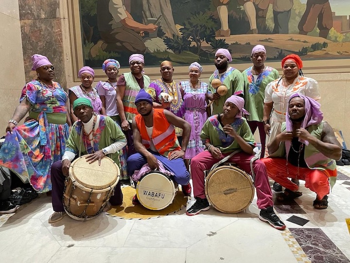 Performers of the Garifuna Wabafu Dance Theater pose for a photo.