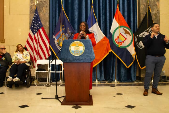 Bronx Borough President Vanessa L. Gibson spoke to attendees with a person on hand using sign language for the hearing impaired.