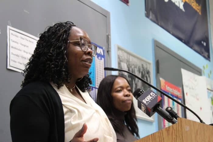 City Council Member Althea Stevens addresses the public at a town hall in Morris Heights on Tuesday, March 5, 2024, with council colleague Rita Joseph.