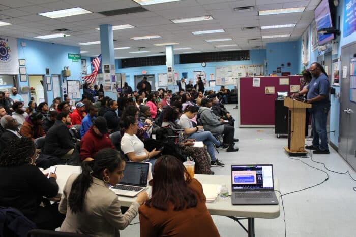 Tom Sheppard, the Bronx CEC president elected to the PEP, speaks about proposed budget cuts at an education town hall in Morris Heights on Tuesday, March 5, 2024.