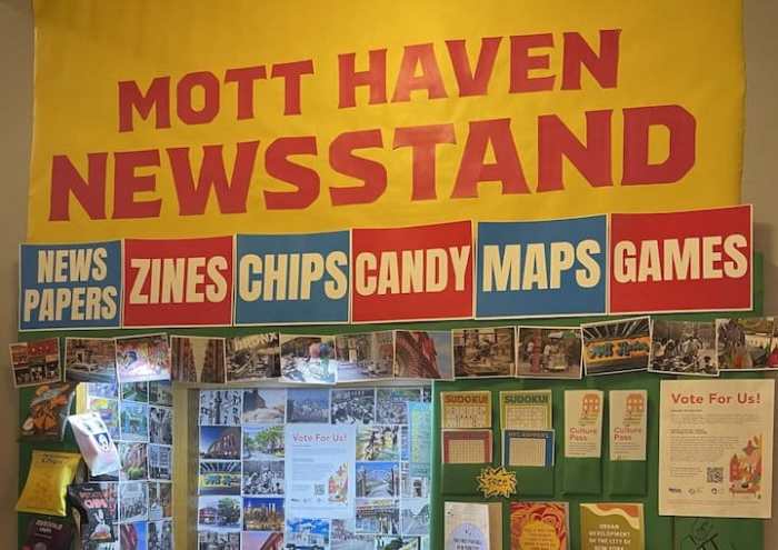 The winning display at Mott Haven Library will be on view until the end of April.