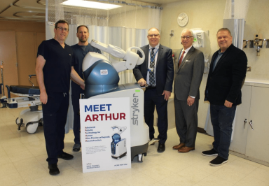 From left, orthopedic surgeon David Lent, orthopedic surgeon Eric Spencer, Director of Communications and Public Relations Thomas Melillo, Saint Joseph’s Medical Center President and CEO Michael Spicer and Mayor Mike Spano.