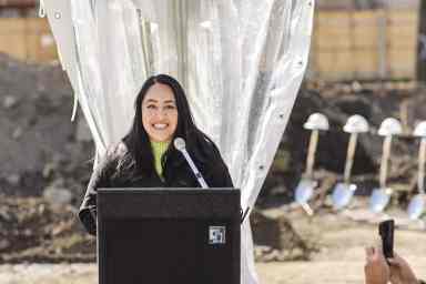 NYC Council Majority Leader Amanda Farías speaks at the Stevenson Square housing groundbreaking on Friday, March 1, 2024.