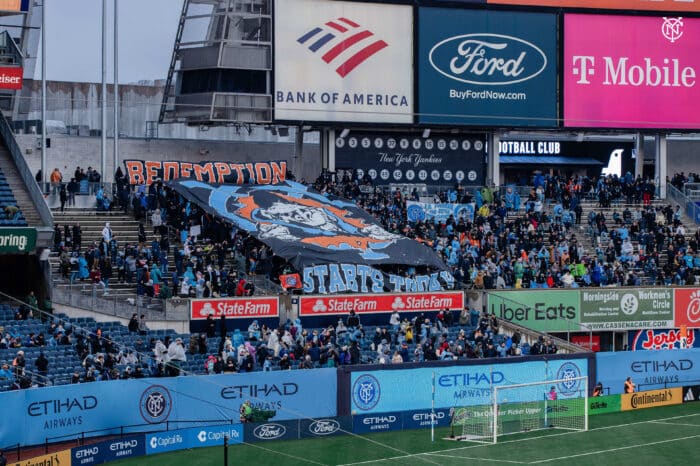 Fans brave the weather for the NYCFC home opener against the Portland Timbers at Yankee Stadium on Saturday, March 9, 2024.