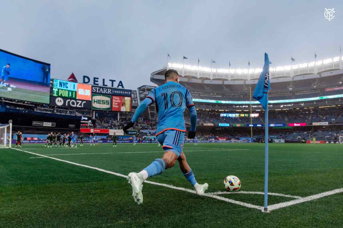 NYCFC player Santiago Rodríguez takes a penalty kick in the team's home opener against the Portland Timbers at Yankee Stadium on Saturday, March 9, 2024.