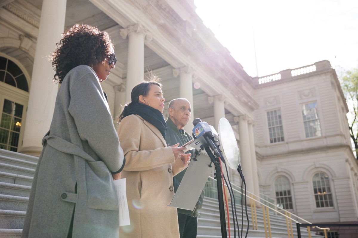 City Council Member Pierina Sanchez speaks during a news conference outside City Hall on Thursday, April 25, 2024. Sanchez is introducing a package of bills in response to structural collapses, most prominently a partial collapse in her district at 1915 Billingsley Terrace.