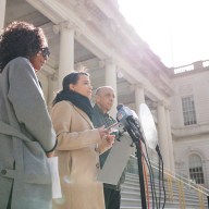City Council Member Pierina Sanchez speaks during a news conference outside City Hall on Thursday, April 25, 2024. Sanchez is introducing a package of bills in response to structural collapses, most prominently a partial collapse in her district at 1915 Billingsley Terrace.