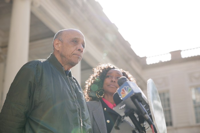 Juan Ricart, a tenant at 1915 Billingsley Terrace, speaks during a news conference outside City Hall on Thursday, April 25, 2024.