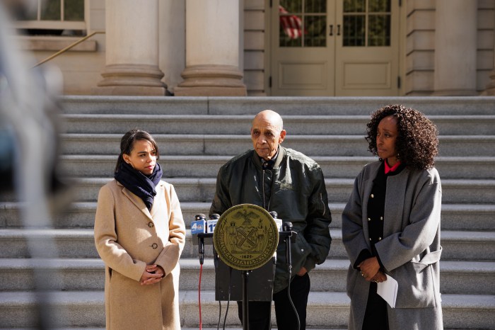 Juan Ricart, a tenant at 1915 Billingsley Terrace speaks during a news conference outside City Hall on Thursday, April 25, 2024.
