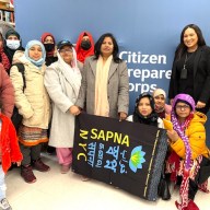 Members of SapnaNYC, a local non-profit organization whose mission is to transform the lives of South Asian immigrant women, with Westchester Square manager Luz Marin, and program presenter, Sgt. Ortiz, from the United States Air Force.