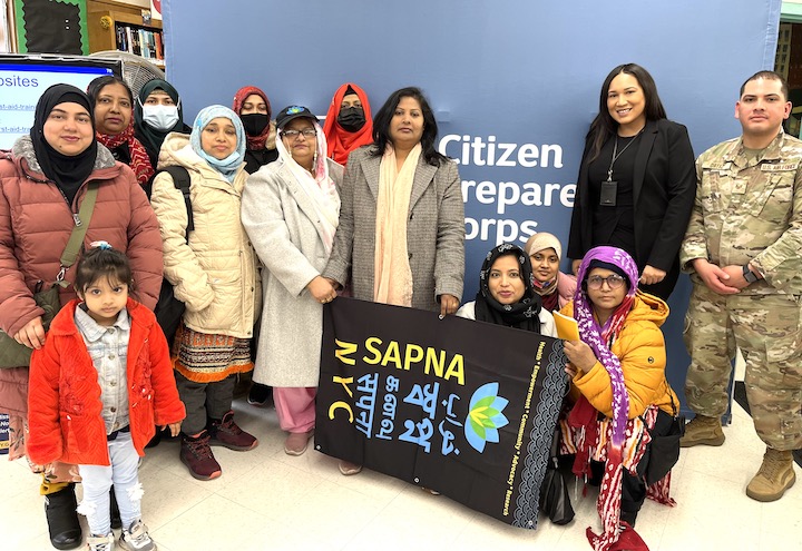 Members of SapnaNYC, a local non-profit organization whose mission is to transform the lives of South Asian immigrant women, with Westchester Square manager Luz Marin, and program presenter, Sgt. Ortiz, from the United States Air Force.