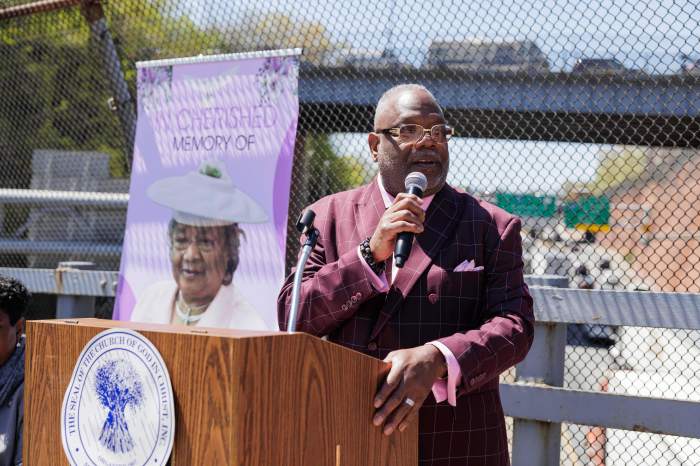 Pastor Jay Gooding Sr. speaks during a street co-naming ceremony for his mother, Josephine Gooding at Macombs Road and W Mt. Eden Avenue in the Bronx on Tuesday, April 23, 2024.