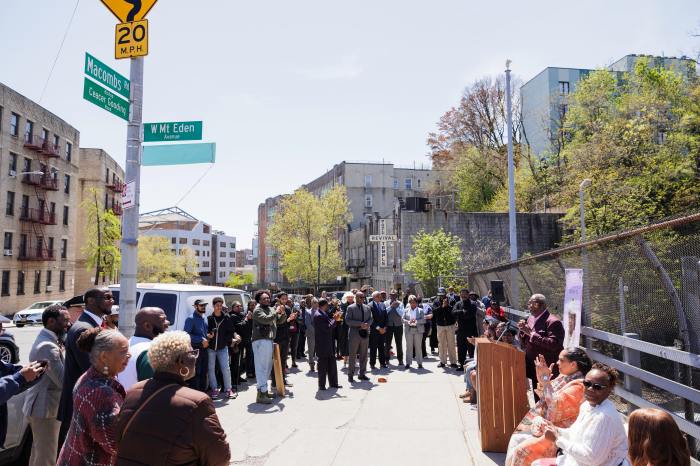 Pastor Jay Gooding Sr. speaks during a street co-naming ceremony for his mother, Josephine Gooding at Macombs Road and W Mt. Eden Avenue in the Bronx on Tuesday, April 23, 2024.