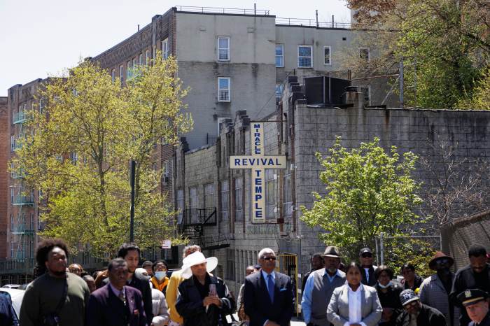 People gather for a street co-naming ceremony for Josephine Gooding at Macombs Road and W Mt. Eden Avenue in the Bronx on Tuesday, April 23, 2024.