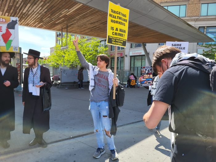 Fordham University freshman Matthew Smith joins a rally for Gaza in the Bronx on Friday, May 3, 2024.