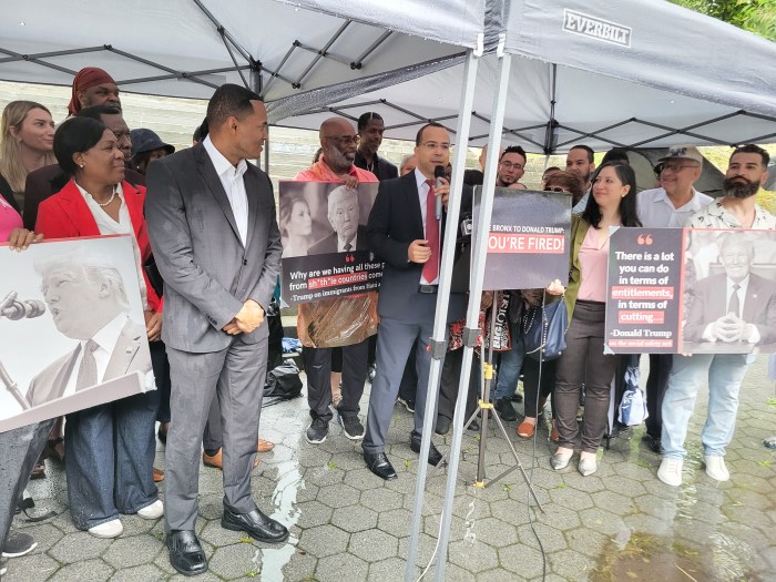 Bronx Council Member Oswald Feliz speaks at a press conference with U.S. Rep. Ritchie Torres on Thursday, May 23, 2024. Torres called a press conference to denounce former President Donald Trump ahead of the Republican hopeful's campaign rally in Crotona Park on May 23.
