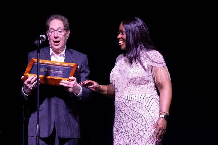 John Sterling receives the Key to the Borough from Bronx Borough President Vanessa L. Gibson.