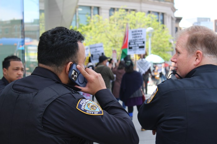 The NYPD has a presence at a rally for Gaza in the Bronx on Friday, May 3, 2024.