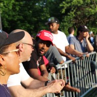 People listen outside former President Donald Trump's campaign rally in the Bronx's Crotona Park on Thursday, May 23, 2024.