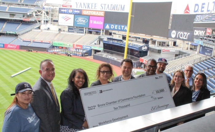 (From l. to r.) Ursula Tinoco from Empire City Casino by MGM Resorts; Bronx Chamber of Commerce Board Members; VP of BXEDC Rafael Rogers; Verizon Director of External & Government Affairs April Horton; Bronx Chamber of Commerce President Lisa Sorin; Empire City Casino by MGM Resorts President & COO Ed Domingo; Bronx Chamber of Commerce Board Members; New York Yankees Senior VP of Corporate/Community Relations Brian E. Smith; Empire City Casino by MGM Resorts VP of Public Affairs Taryn Duffy; Empire City Casino by MGM Resorts Team ,mmbers Tatiana Diaz & Daryl Ortiz; and Chairman of the Bronx Chamber of Commerce Anthony Mormile at the Resource Fair event hosted by the Bronx Chamber of Commerce and New York Yankees at Yankee Stadium