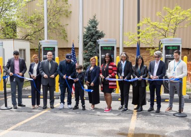 City officials and others cut the ribbon on the six new EV charging ports at the Bronx Wastewater Resource Recovery Facility in Hunts Point.