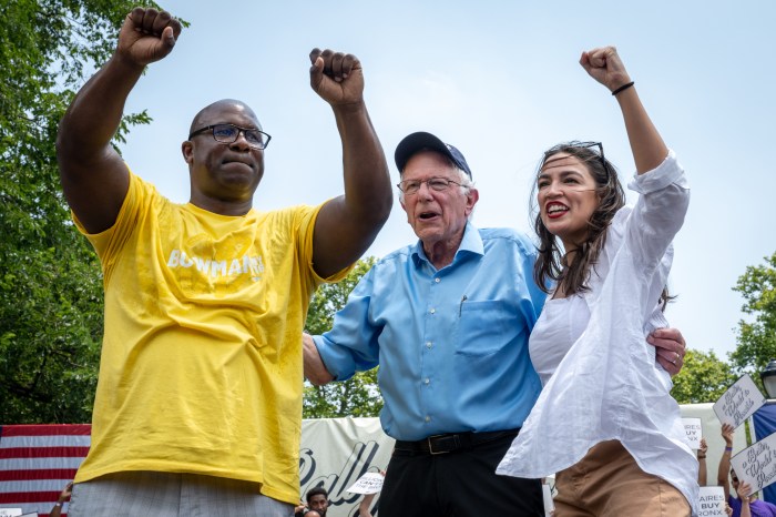 U.S. Rep. Jamaal Bowman rallies with U.S. Sen. Bernie Sanders and U.S. Rep. Alexandria Ocasio-Cortez in Mott Haven on Saturday, June 22, 2024.
